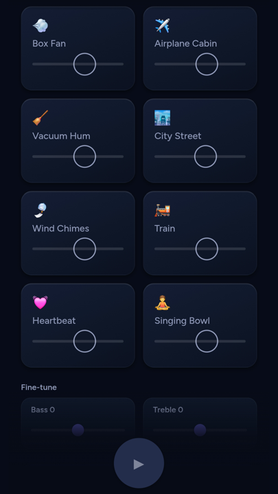 More sounds — box fan, airplane cabin, vacuum hum, city street, wind chimes, train, heartbeat and singing bowl — plus bass and treble controls.
