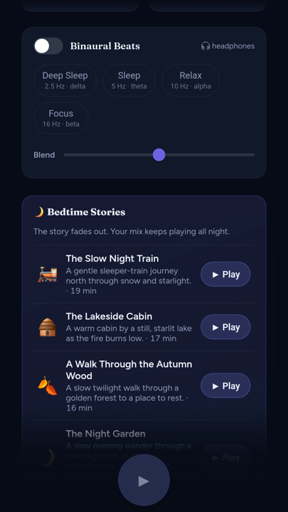 Binaural beats with Deep Sleep, Sleep, Relax and Focus presets, above the bedtime story list.