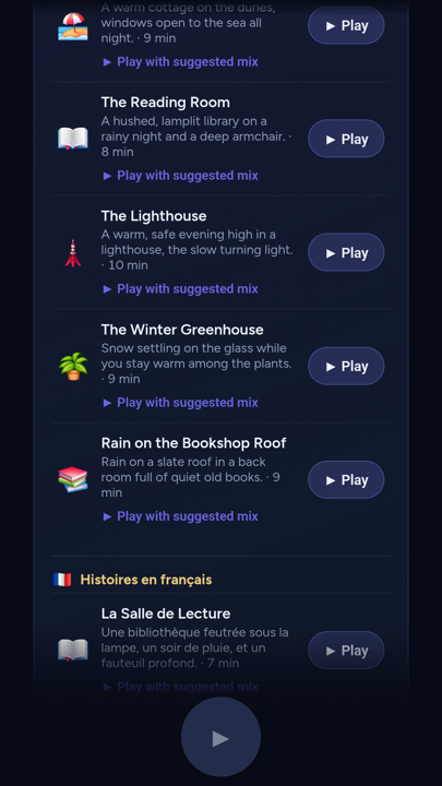 The bedtime story list including The Reading Room, The Lighthouse, The Winter Greenhouse and stories in French.